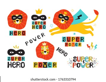 Superhéroe de león con máscara negra y capa. León en la cara de una corona. Ilustración vectorial dibujada a mano con la frase de letras super poder, héroe. Caricatura animal. Diseño de afiches, pegatinas, camisetas