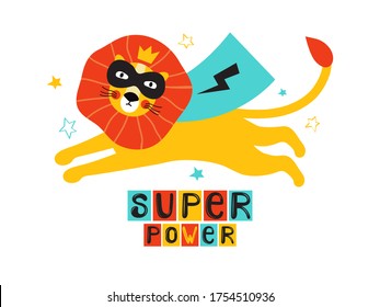 Lion super hero in a cloak and black mask flies among the stars. Hand drawn vector illustration with the lettering phrase super power. Kawaii character animal. Design for poster, sticker, t-shirt
