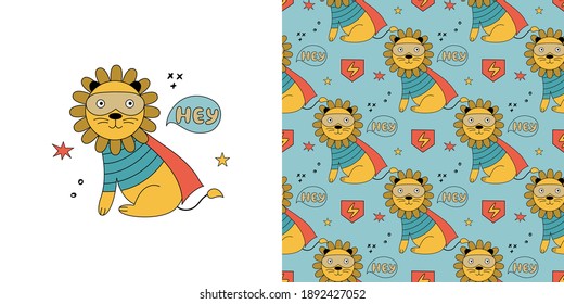 Lion In A Superhero Costume. Vector Set With Wild Animal Character And Kids Seamless Pattern. 