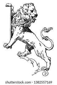 El Escudo de apoyo a los leones es una forma moderna de una estatua, un dibujo de línea vintage o una ilustración de grabado.