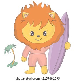 Lion surfer. Vector illustration of a cute athlete animal. Cute little illustration of lion for kids, baby book, fairy tales, covers, baby shower invitation, textile t-shirt.