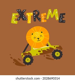 Lion in an SUV in the mud with lettering. Extreme. Cute cartoon character in simple hand drawn childish style. Vector illustration on a dark brown background. Colorful palette