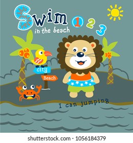 lion swim in the beach funny animal cartoon,vector illustration
