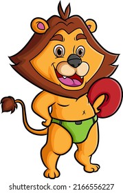 The lion swimmer is standing and holding the swimming tire of illustration