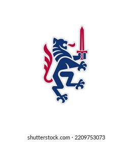 Lion with sword heraldic emblem. Logo design template. Vector illustration.