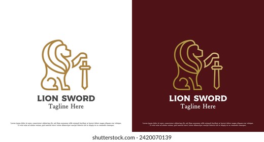 Lion sword king logo design illustration. Silhouette of wild animal mascot lion royal fangs claws tail ferocious majesty monarch. Simple minimal minimalist heraldic luxury elegant crest imperial icon.