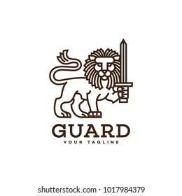 Lion with a sword logo template design in linear style. Vector illustration.