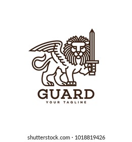 Lion with a sword and wings logo template design in linear style. Vector illustration.