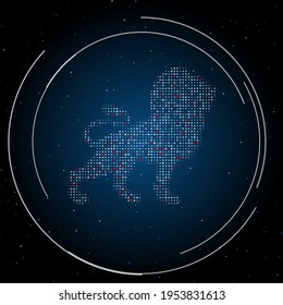 The lion symbol filled with white dots. Pointillism style. Some dots is red. Vector illustration on blue background with stars