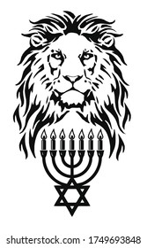 The Lion and the symbol of Judaism - star of David, Megan David and Menorah, 
 drawing for tattoo, on a white background, vector
