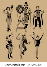 The Lion Tamer, The Clown, The Circus Strong Woman, The Circus Magician, The Circus Fire Eater, The Gymnast Girl.Vector illustration.