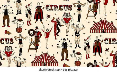 The Lion Tamer, The Clown, The Circus Strong Woman, The Circus Magician, The Circus Fire Eater, The Gymnast Girl, The Snake Lady, The Juggler, The Elephant,The Strong Man, The Siamese Twins. Pattern.