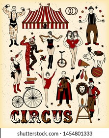 The Lion Tamer, The Clown, The Circus Strong Woman, The Circus Magician, The Circus Fire Eater, The Gymnast Girl, The Snake Lady, The Juggler, The Elephant,The Strong Man, The Siamese Twins. Vector.