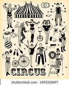 The Lion Tamer, The Clown, The Circus Strong Woman, The Circus Magician, The Circus Fire Eater, The Gymnast Girl, The Snake Lady, The Juggler, The Elephant,The Strong Man, The Siamese Twins. Vector.