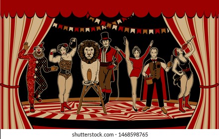 The Lion Tamer, The Clown, The Circus Strong Woman, The Circus Magician, The Circus Fire Eater, The Gymnast Girl. Vector Illustration.