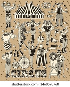 The Lion Tamer, The Clown, The Circus Strong Woman, The Circus Magician, The Circus Fire Eater, The Gymnast Girl, The Snake Lady, The Juggler, The Elephant,The Strong Man, The Siamese Twins. Vector.