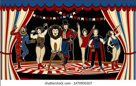 The Lion Tamer, The Clown, The Circus Strong Woman, The Circus Magician, The Circus Fire Eater, The Gymnast Girl. Vector Illustration.