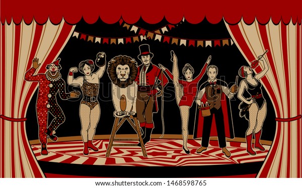 The Lion Tamer, The Clown, The Circus\
Strong Woman, The Circus Magician, The Circus Fire Eater, The\
Gymnast Girl. Vector\
Illustration.