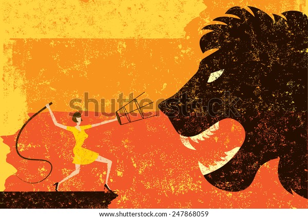 Lion Tamer A lion\
tamer cracking her whip at a large lion head over an abstract\
background. The lion tamer & lion are on a separate labeled\
layer from the\
background.
