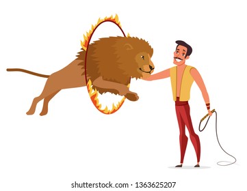 Lion tamer flat color vector illustration. Happy man in carnival outfit holding whip cartoon character. Handler performing dangerous stunt. Lion jump through fire ring. Circus performance