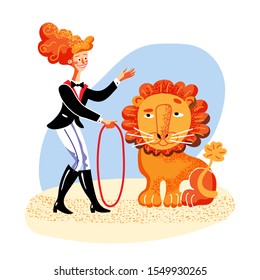 Lion tamer flat color vector illustration. Happy woman in carnival outfit holding whip cartoon character. Handler performing dangerous stunt. Lion jump through fire ring. Circus performance