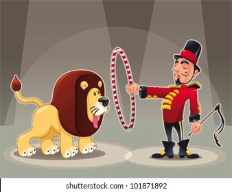 Lion Tamer With Lion. Funny Cartoon And Vector Circus Illustration.