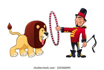 Lion Tamer With Lion. Funny Cartoon And Vector Circus Illustration.