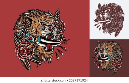 lion tattoo design with red rose and knife vector illustration