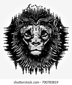 Lion tattoo and t-shirt design. Symbol travel, tourism, adventure 