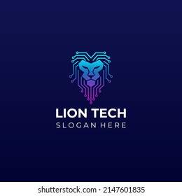 Lion tech logo designs concept. Lion head network technology icon logo vector template isolated on black background