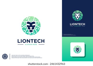 lion technology, network connection, logo design illustration.