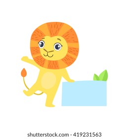 Lion With The Template For The Message Cute Childish Colorful Flat Vector Illustration On White Background