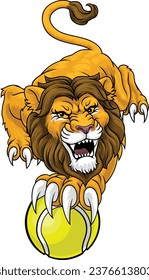 A lion with a tennis ball sports team animal cartoon mascot