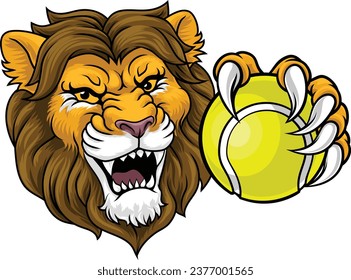 A lion with a tennis ball sports team animal cartoon mascot