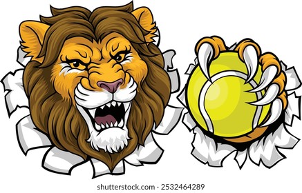 A lion with a tennis ball sports team animal cartoon mascot