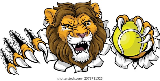 A lion with a tennis ball sports team animal cartoon mascot