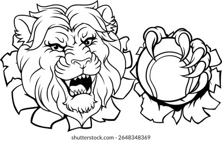 A lion with a tennis ball sports team animal cartoon mascot