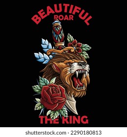  The lion that opened its mouth was stabbed by dagger    beneath it were two beautiful red roses 
