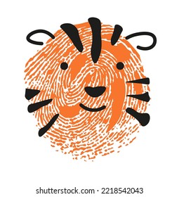 Lion thumbprint, isolated portrait of tiger personage with smiling muzzle. Cute facial expression of animal, emoticon or sticker. Simple drawing of character with finger stamp, vector in flat style