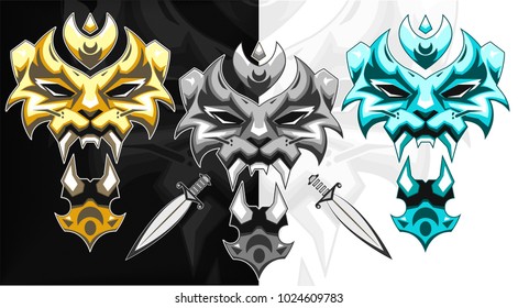 lion, tiger face-head set. vector logo illustration colorful options golden, grey, blue