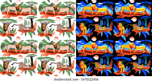 Lion and tiger in the forest. Seamless pattern of African animals of the cat family.two sets 