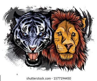 Lion and Tiger growling opposite each other, open an embittered mouth, canines, hand drawn doodle, sketch in pop art style, vector illustration