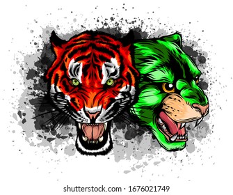 Lion and Tiger growling opposite each other, open an embittered mouth, canines, hand drawn doodle, sketch in pop art style, vector illustration
