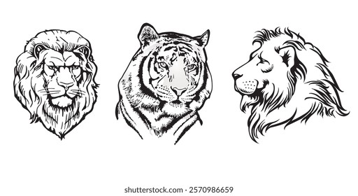 Lion and tiger heads cutout, illustration