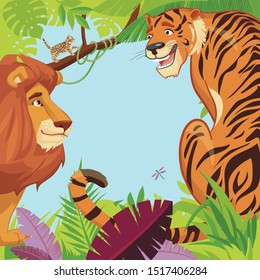 lion and tiger are looking at each other in juggles