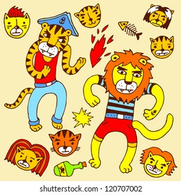 Lion and tiger pirates. Vector illustration.