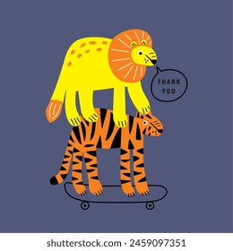 lion and tiger play skateboard hand drawn illustration vector
