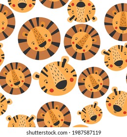 Lion tiger seamless pattern kids print. Safari wallpaper design for baby nursery. Repeat fabric vector illustration.