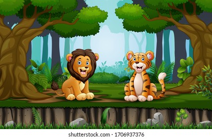 Lion and tiger sitting in the middle of forest