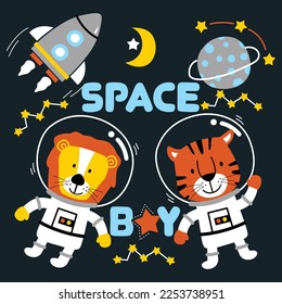 lion and tiger the space boy funny animal cartoon